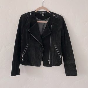 Black suede leather motorcycle jacket with nickel hardware